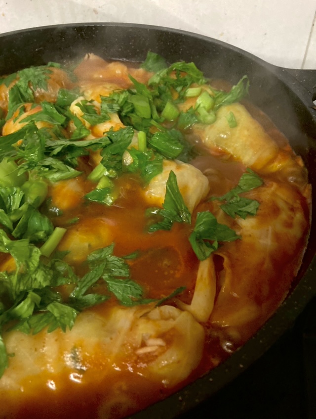 Celery Leaves Scattered on Cabbage Rolls for vegan cabbage rolls 