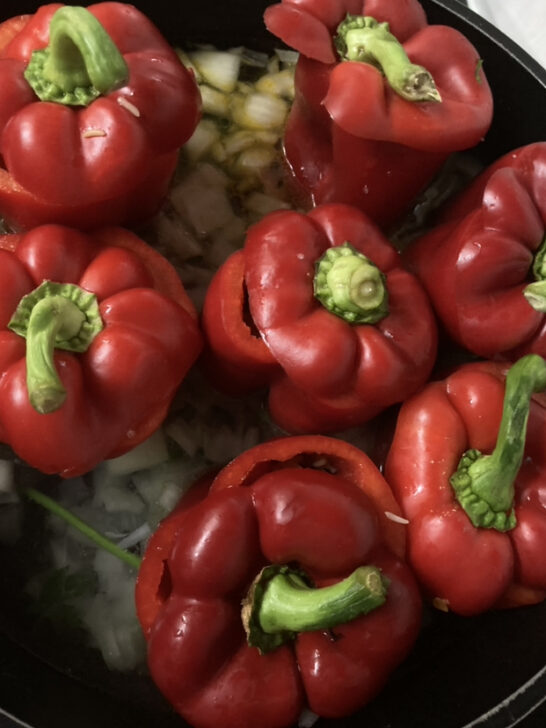 Mediterranean Vegan Rice Pilaf stuffed red bell peppers