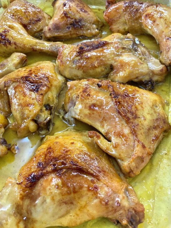 Baked chicken in curry sauce in sheet-pan