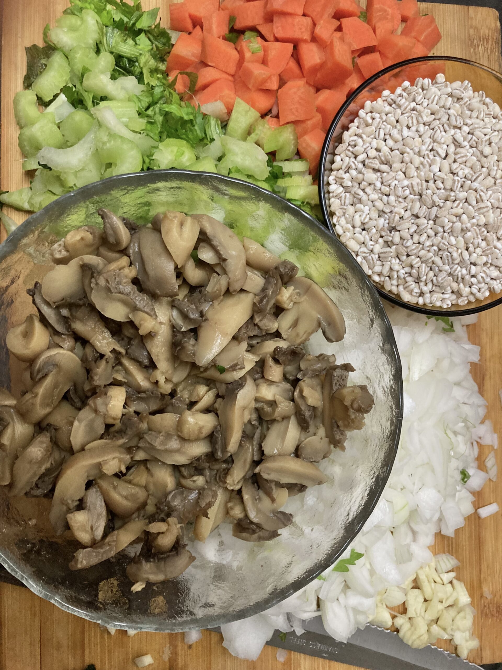 Canned mushrooms, fresh pearl barley, celery, carrots, onions and fresh garlic