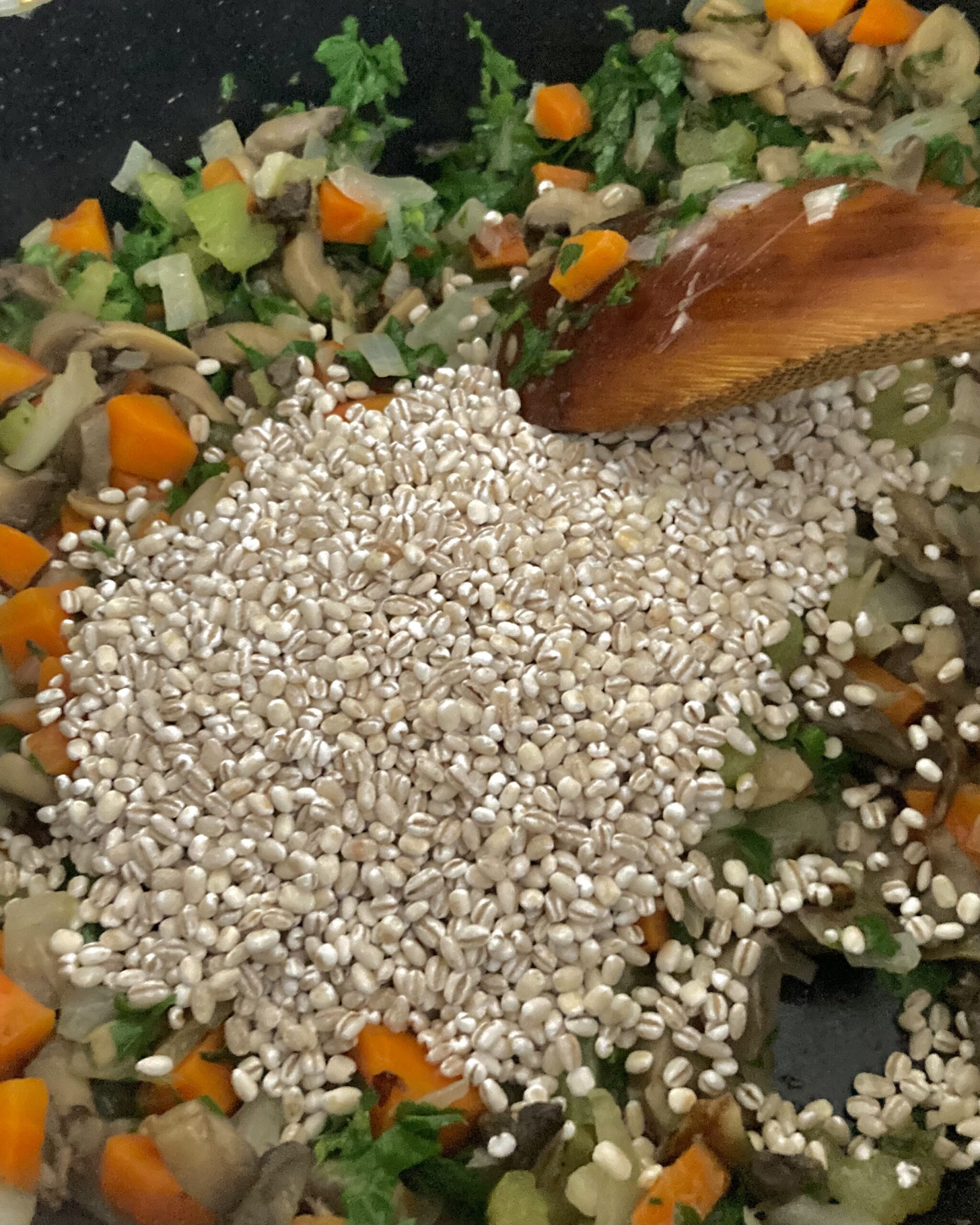 Adding Barley to Mushrooms and Veggies Adding Barley after Sautéing Vegetables for Mushroom Barley Soup