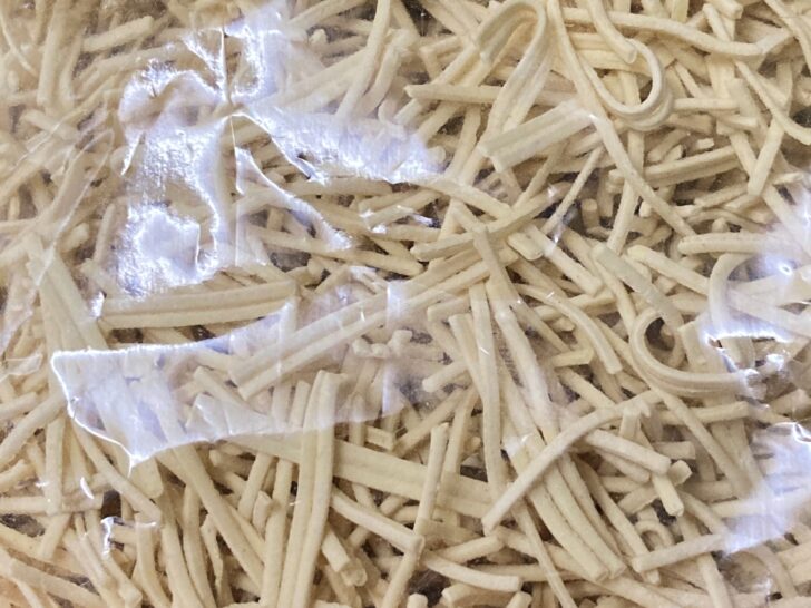Small, thin, opaque uncooked egg noodles for caramelized noodle kugel