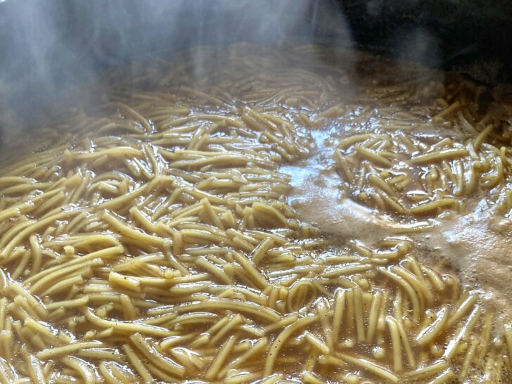 Cooking noodles for Caramelized Noodle Kugel recipe