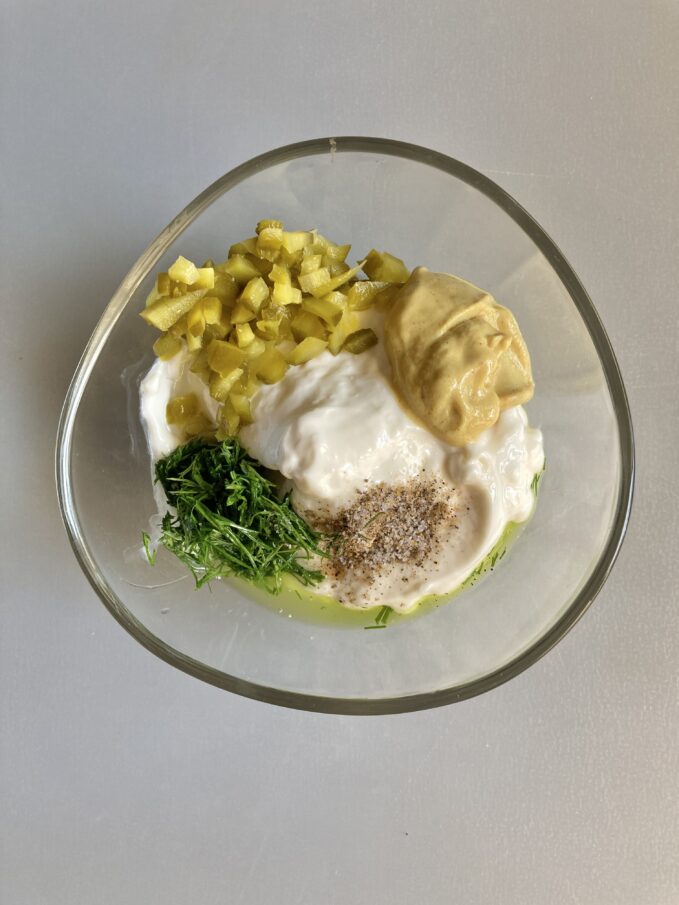 Tartar sauce ingredients in a bowl