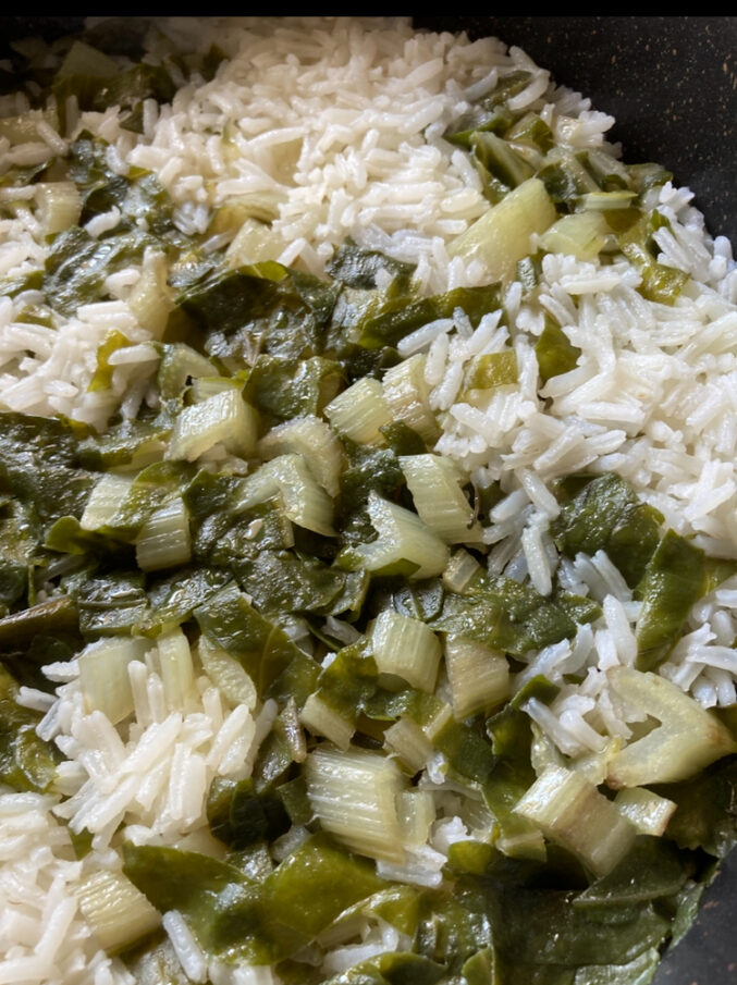 white rice and root greens
