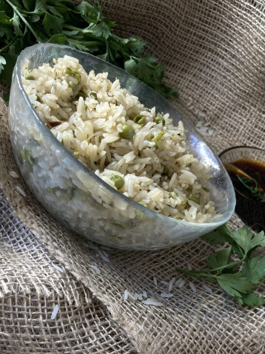 white rice peas and fresh herbs