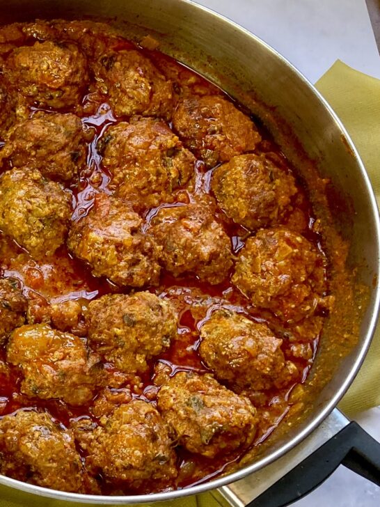 Israeli Moroccan Meatballs in a sautéing pan