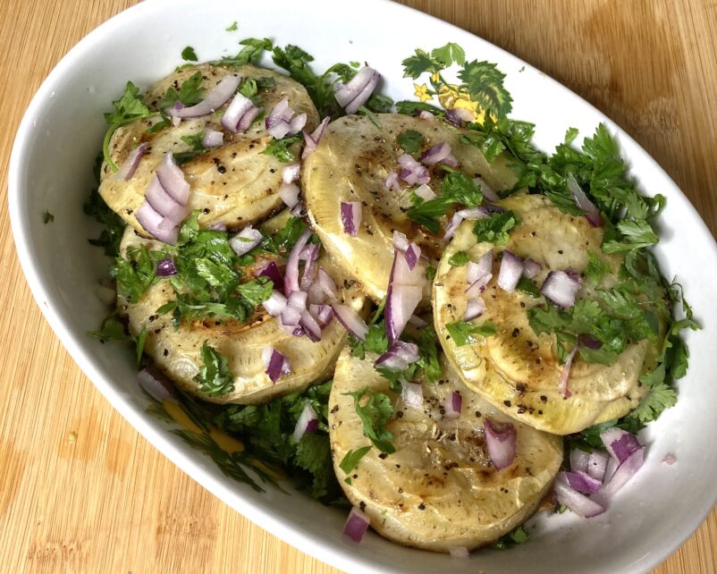 braised artichokes in parsley and red onions